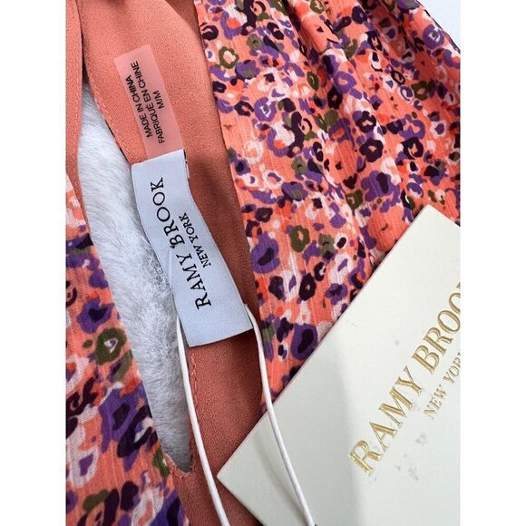 New RAMY BROOK Size M Preston Mini Dress Coral Combo Smocked Waist, Ruffle Hem - Picture 4 of 14